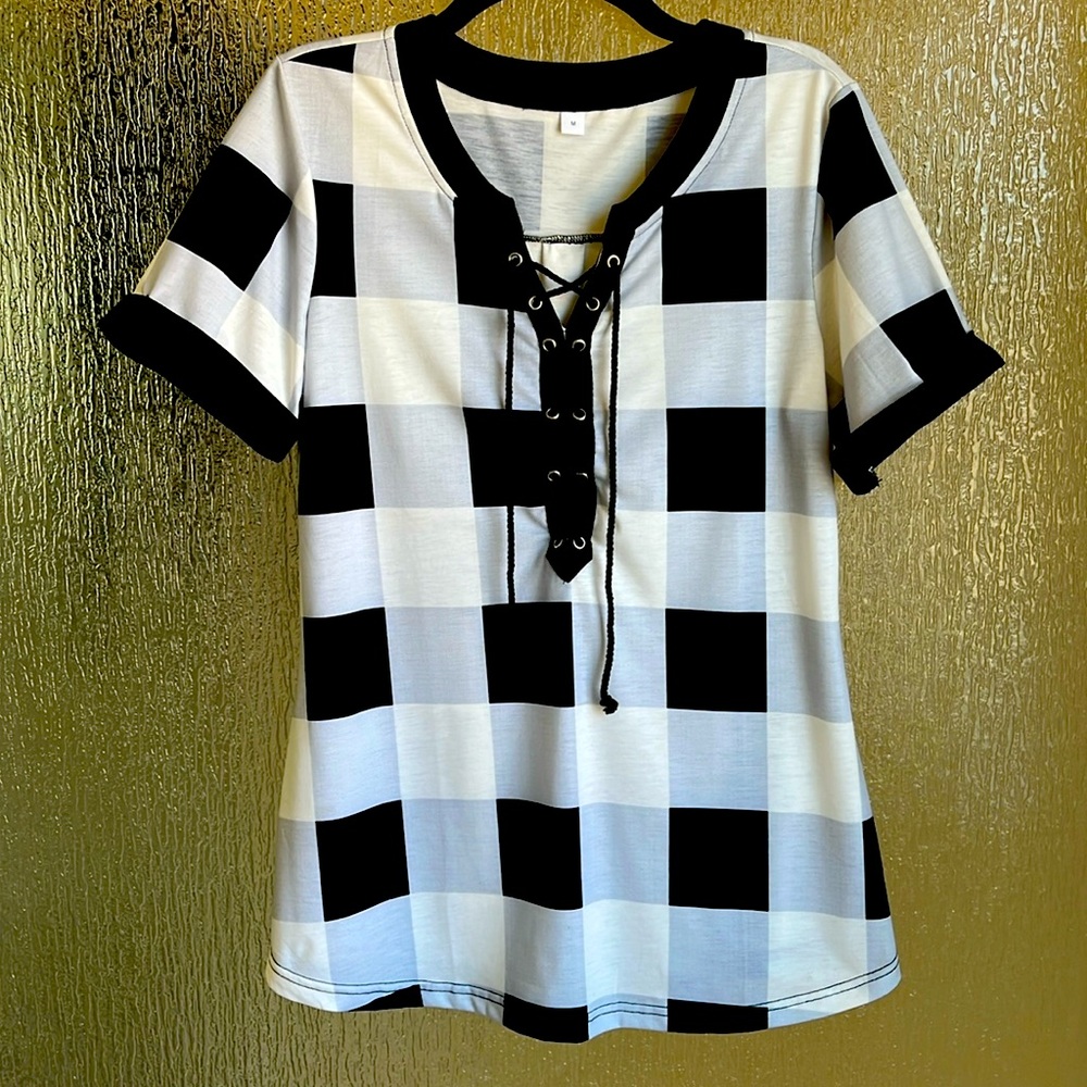 Medium black, white, and light blue checkered lace up top